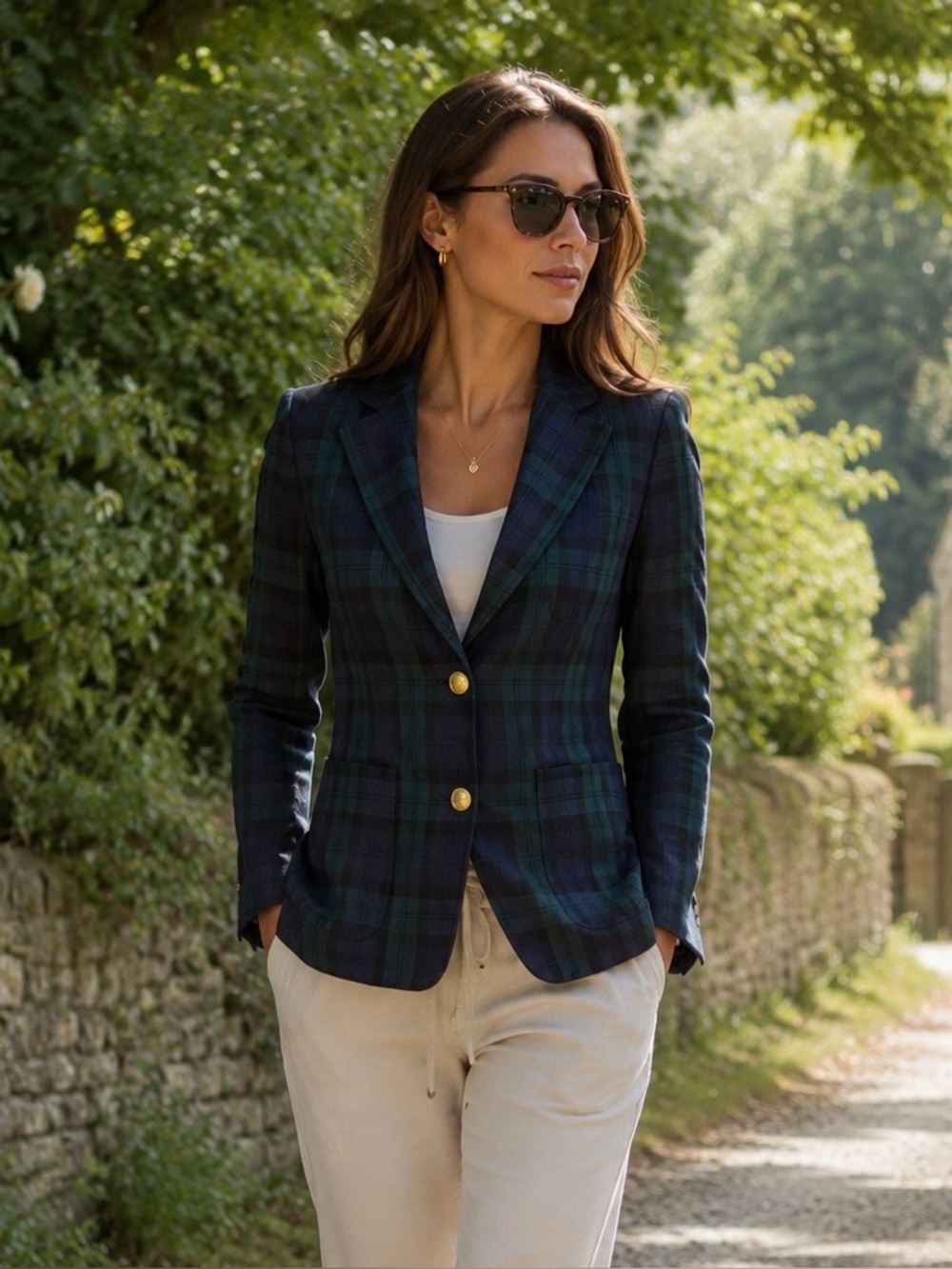 VTG Lauren Ralph Lauren Linen Plaid Blazer 6P USA Gold Buttons Old Money Preppy